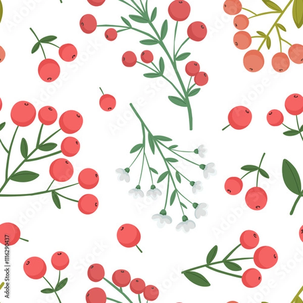 Fototapeta Seamless pattern with berries, festive Christmas pattern. Flat style.