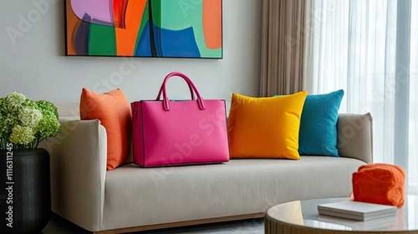 Fototapeta A brightly colored square bag set against a neutral couch, adding a pop of color to the living space