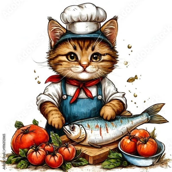 Fototapeta cat chef with vegetables