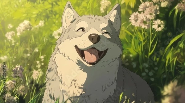 Fototapeta Smiling Wolf in a Field of Flowers