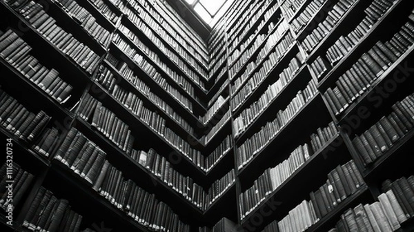 Fototapeta A towering library filled with rows of books in monochrome tones.