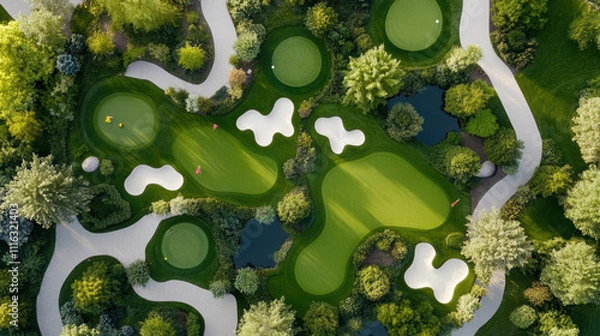 Fototapeta Aerial view of whimsical tiny golf course with vibrant greens and colorful flags