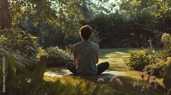 Fototapeta A serene and calming image of a person practicing deep breathing exercises, with visual cues of emotional balance and self-regulation in a peaceful environment.