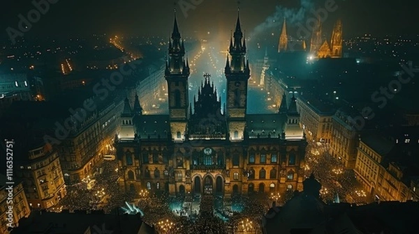 Fototapeta Night view of a grand illuminated church square with crowds.