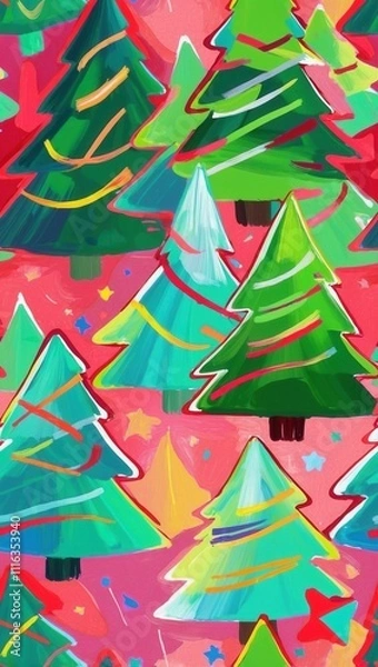 Obraz Vibrant Artistic Christmas Card with Abstract Tree Pattern – Vertical Holiday Design