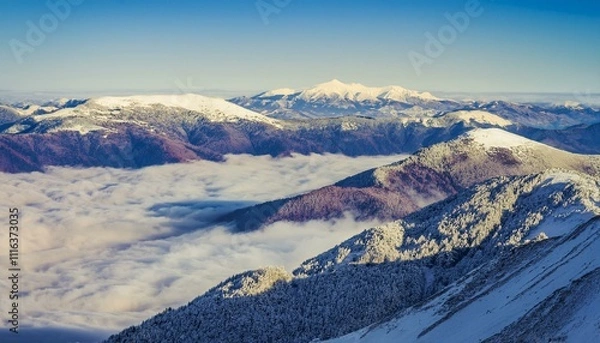 Fototapeta 산꼭대기 풍경 눈으로 덮인 산봉우리와 그 아래로 펼쳐진 운해