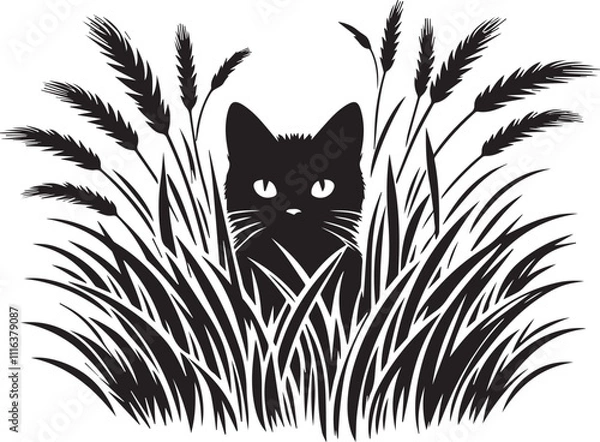 Fototapeta Cat peeking through tall grass black vector silhouette