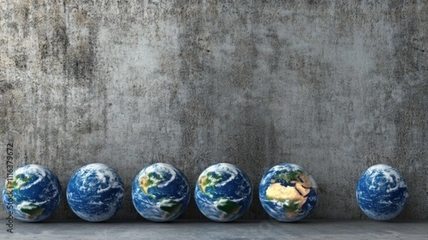 Fototapeta Four Earth globes arranged in a curve against a textured concrete wall showcasing a modern design with a focus on global awareness.