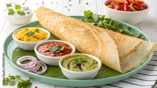 Fototapeta Plain dosa on a banana leaf with chutneys and sambar served alongside