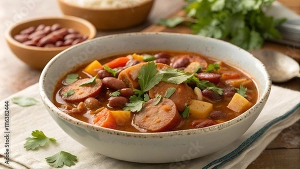 Fototapeta Chouriço sausage soup served in a bowl with fresh herbs on a wooden table