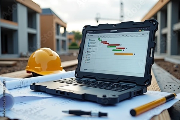 Fototapeta Digital Gantt chart for a construction project on a rugged laptop at a construction site