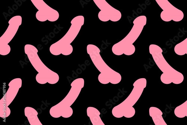 Fototapeta Funny seamless pattern with pink penises on black background. Suitable for wrapping paper, cards, fabric. Vector illustration