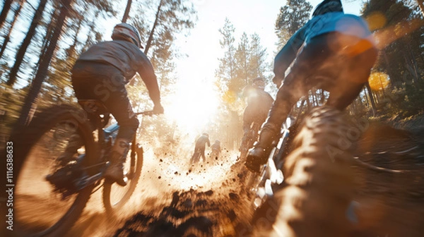 Obraz Mountain bikers racing through a sunlit forest trail