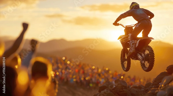 Obraz Thrilling motocross jump at sunset with cheering crowd