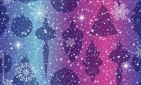 Fototapeta Vector hand drawn seamless winter pattern with snowflakes and stars and toys on a violet gradient background