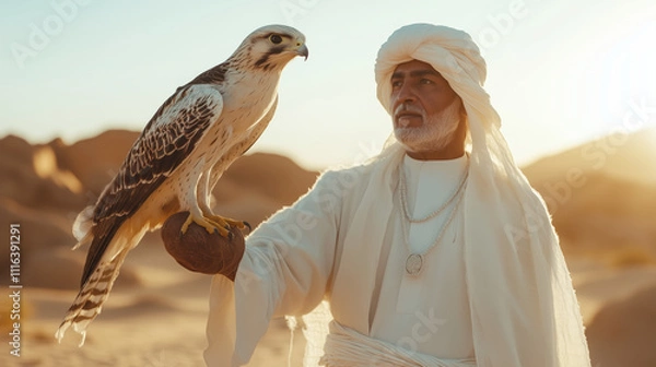 Obraz Emirati man with falcon in desert sunset