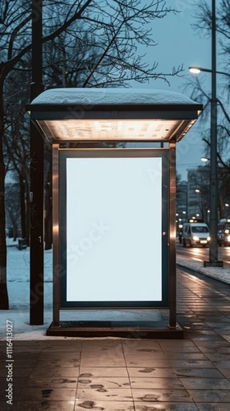 Fototapeta Snow-covered bus stop in a city at night. White billboard illuminated by light, traffic lights, cars moving. Winter setting with snow-covered trees, peaceful scene on well-lit street.
