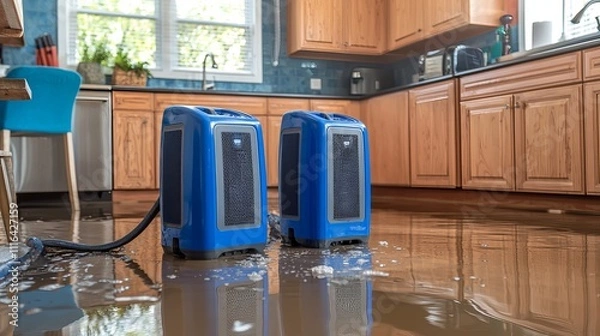Fototapeta Two blue water extraction units stand on a flooded kitchen floor, highlighting a response to water damage and cleanup.