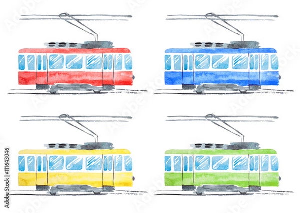 Fototapeta Set of Bright Watercolor Illustration of Traditional Public Tram. Hand Drawn Images of Transport Isolated on White Background. Collection of Different Color Objects