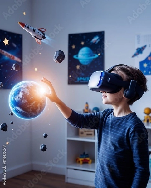 Fototapeta Young Boy Enjoying Virtual Reality Experience with Earth and Space Elements