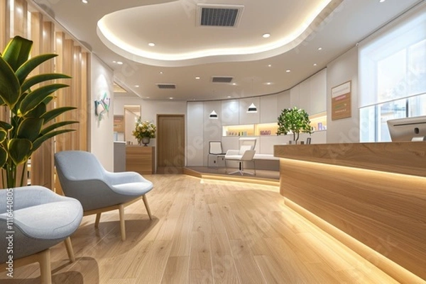 Obraz Modern clinic reception area with comfortable seating, plants, and elegant lighting