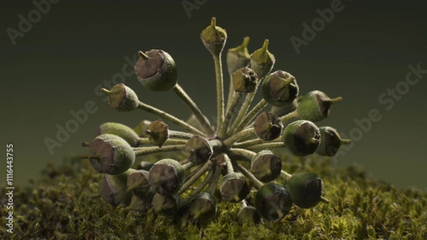 Fototapeta Ivy seed head - Hedera helix, lying on moss. Plant structure. Macro shot.