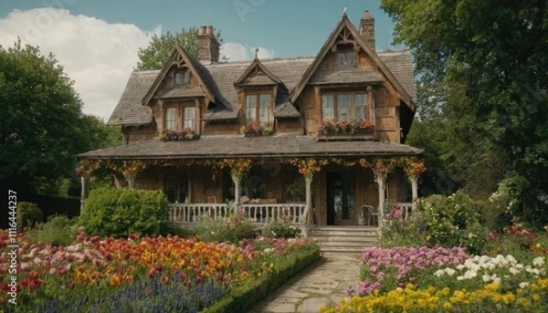 Fototapeta A captivating drawing of a traditional house surrounded by colorful flowers on an easel