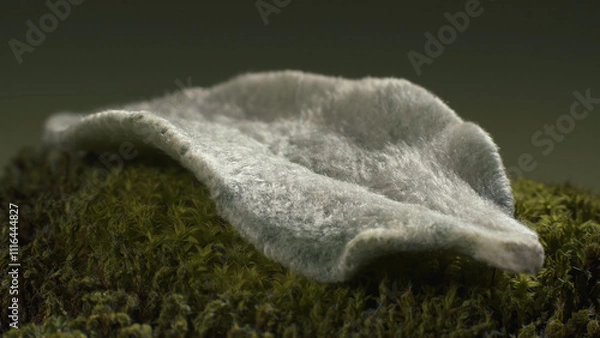 Fototapeta Fluffy leaf of Stachys byzantina lying on moss. Plant structure. Macro shot.