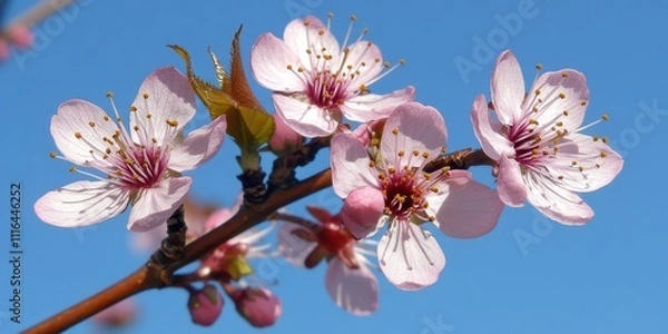 Fototapeta Close-up of a cherry blossom branch, soft pink petals against a clear blue sky, sunlight highlighting the blossoms, space for text.