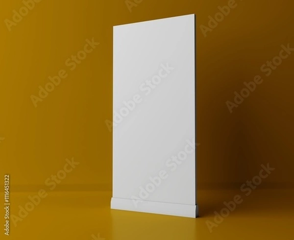 Fototapeta Blank vertical roll-up banner stand mockup on yellow background. Pull-up roller portable signage mock-up. White pop-up advertising display template. Roll up 3d ad banner on yellow background.