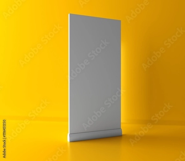 Fototapeta Blank vertical roll-up banner stand mockup on yellow background. Pull-up roller portable signage mock-up. White pop-up advertising display template. Roll up 3d ad banner on yellow background.