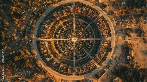 Fototapeta Aerial view of a circular town with concentric roads and buildings.