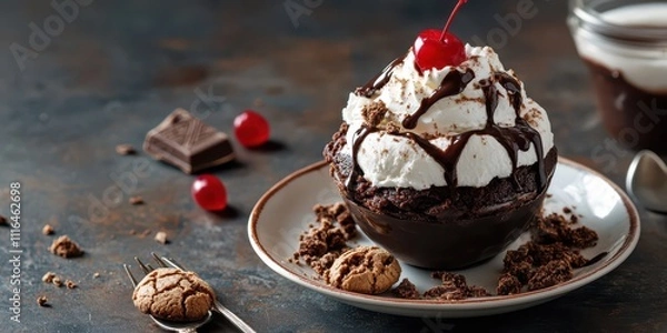 Fototapeta A decadent chocolate sundae with whipped cream, crushed cookies, and a cherry on top, set on a vintage dessert plate.