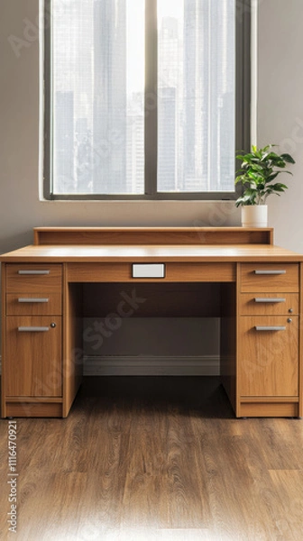 Fototapeta Human resources layoff concept. A modern wooden desk with drawers, set against a window, featuring natural light and a small plant for a touch of greenery.
