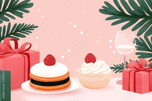 Fototapeta Delicious desserts with raspberries surrounded by festive gifts and greenery.