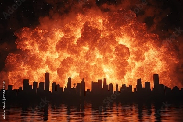 Fototapeta Dramatic city skyline engulfed in flames, depicting chaos and disaster.