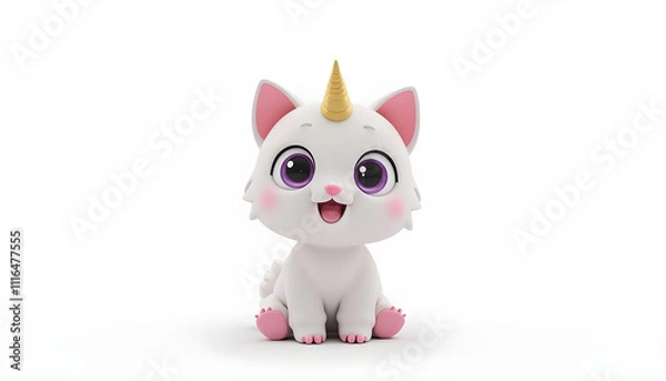 Fototapeta Fluffy 3D image of a bright image with a white background, an extremely cute, realistic female kitten, deep eyes looking into your soul, begging, one golden unicorn horn, kawaii