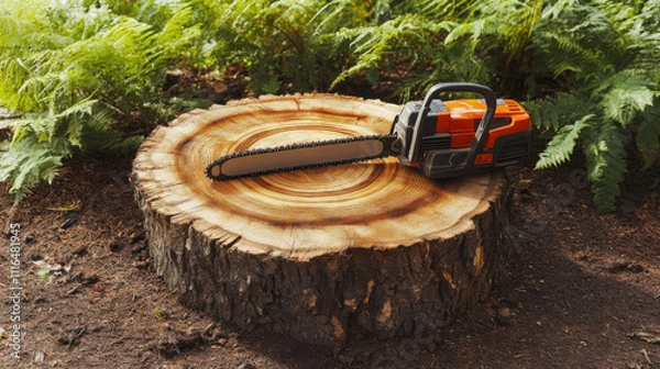 Fototapeta Electric chainsaw resting on a freshly cut tree stump surrounded by vibrant green ferns in a natural outdoor setting, ideal for gardening and eco-friendly projects