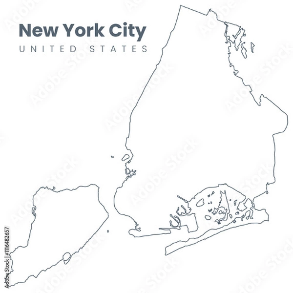 Fototapeta Urban map - New York City boundaries. Map of NYC, USA borders. Vector stroke version without streets.