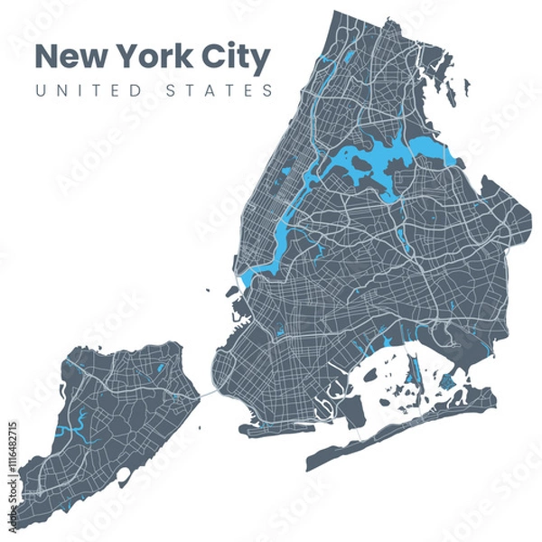 Fototapeta Urban New York City map. Map of NYC, USA borders. Vector fill version including streets.