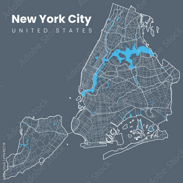 Fototapeta Urban New York City map. Map of NYC, USA borders. Vector light stroke version including streets on dark background.