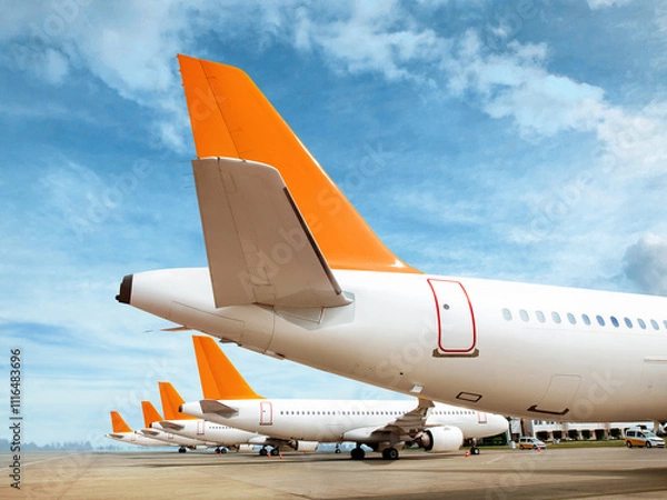 Obraz Multiple commercial airplanes lined up on the airport apron. Tail view with bright orange rudders under blue sky. Aviation and transportation concept.