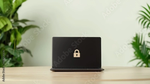 Fototapeta Modern Black Laptop with Lock Icon on Smooth Wooden Table Surrounded by Lush Green Plants in Bright, Minimalist Workspace Setting