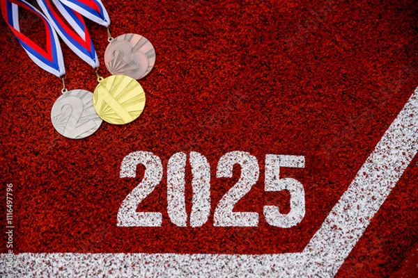 Fototapeta New Year 2025 Running motivation. Tittle 2025 on red running track and medal set on the track. Gold, silver and bronze price