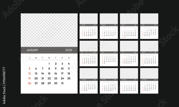Fototapeta Monthly calendar 2025 week start Sunday corporate design template vector, wall desk calendar in a minimalist style