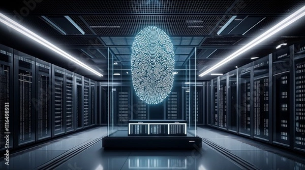 Fototapeta A giant fingerprint hovering above a computer screen filled with code, surrounded by security locks and digital firewalls protecting the system.
