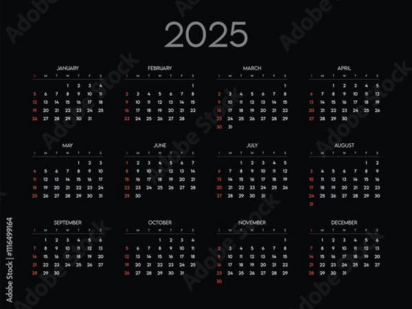 Fototapeta Monthly calendar 2025 week start Sunday corporate design template vector, black wall desk calendar in a minimalist style