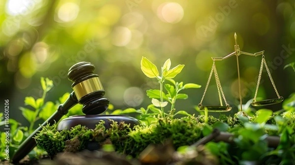 Obraz Environment Law for Sustainability and Climate: Gavel Resting on Legal Documents, Symbolizing the Role of Legislation in Protecting the Environment and Promoting Sustainable Practices