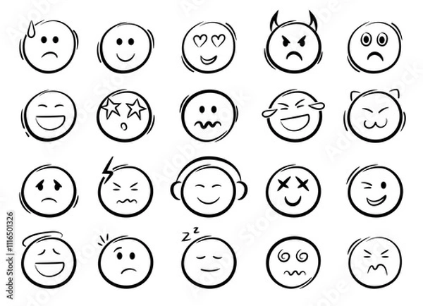 Fototapeta Doodle emoji face icons set. Sketch style ink brush vector signs.