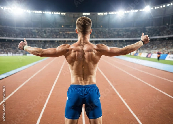 Fototapeta Muscular athlete man from back at starting line of Olympic games race